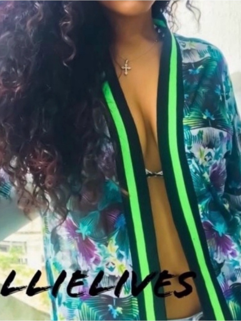 Callie Lives Tropical Floral Swim Coverup with Neon Green Trim